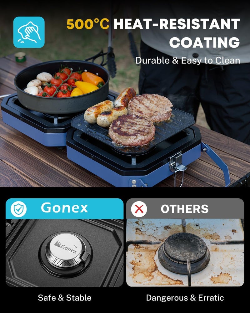 Gonex Camping Stove with 2 Burner Griddle & Grates, Portable Foldable Cooking Stove with Total 16,000 BTU, Two Piezo Ignition Adjustable Burners for Camping (Blue) - Image 4
